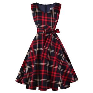 Vintage-Inspired 50s 60s Red & Navy Plaid Fit-and-Flare Dress with Waist Tie